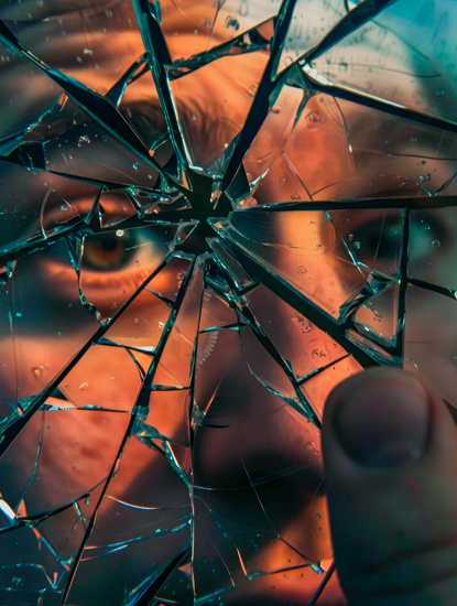 reflejo de cara en un espejo roto